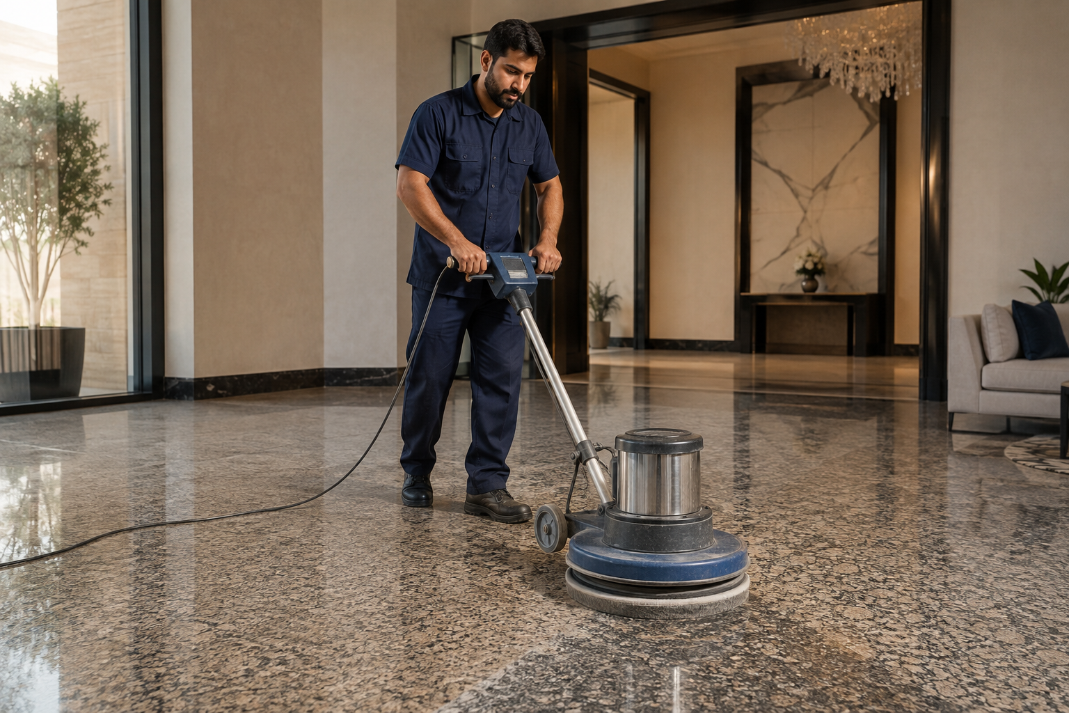 تلميع الجرانيت بالرياض باستخدام ماكينة متخصصة للعناية بالأرضيات